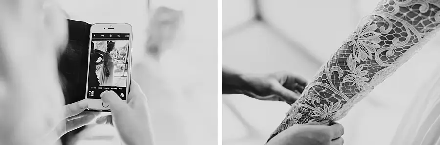 Two black-and-white photographs of a phone picture and the bride's lace sleeve.