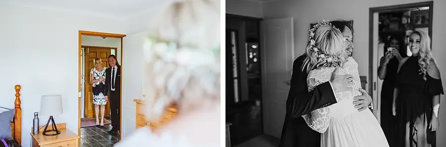 Two photographs of people greeting the bride indoors.