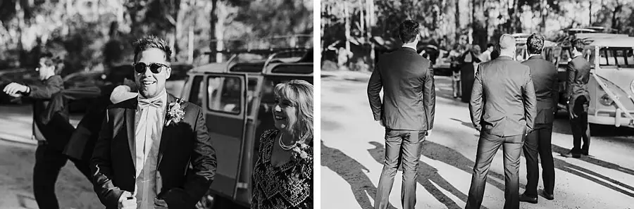 Two black-and-white photographs of suited men gathering beside a parked van.