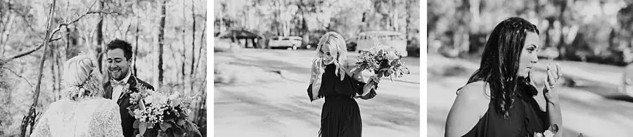 Three black-and-white photographs of wedding-party reactions outdoors.
