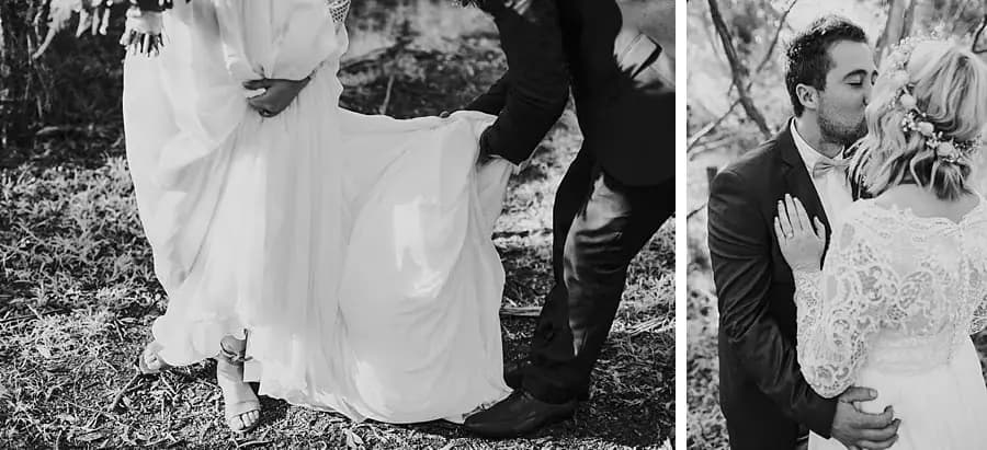 Two black-and-white photographs of the couple standing together and kissing in woodland.