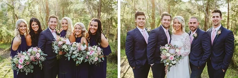Two photographs of the bride posing with women and suited men in woodland.