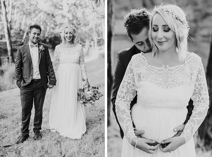 Two black-and-white photographs of the couple walking and embracing from behind.