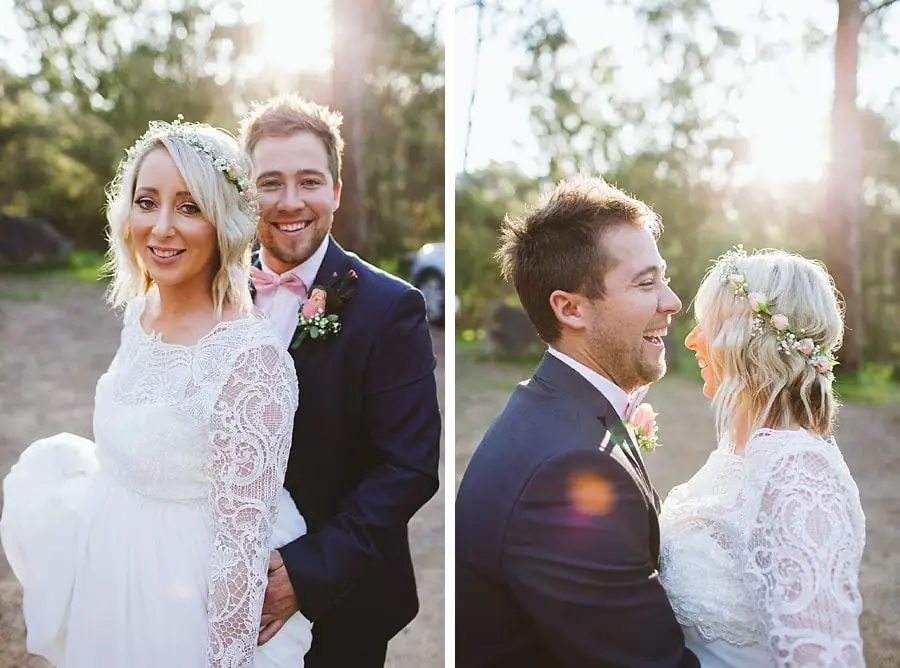 Two photographs of the smiling couple in sunlit woodland.