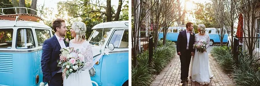 Two photographs of the couple beside a vintage van and on a paved garden path.