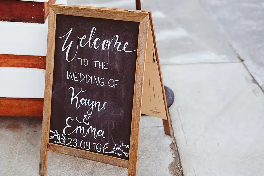 Chalkboard welcome sign for a wedding at a building entrance.