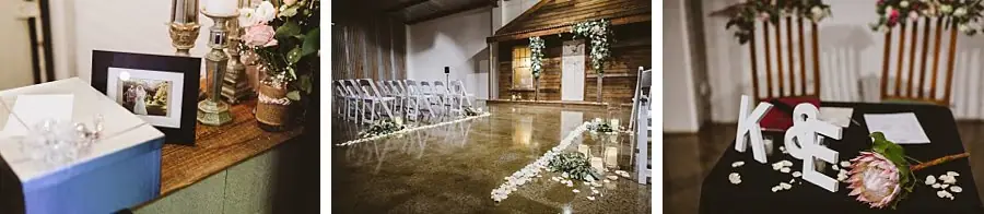 Three-photo collage of a cards table, indoor ceremony seating and decorative initials.