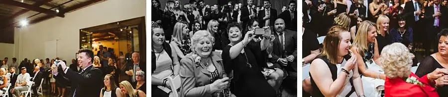 Three-photo collage of wedding guests watching and smiling during the ceremony.