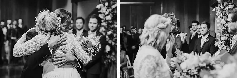 Two black-and-white photographs of the bride greeting a suited man and facing the groom.