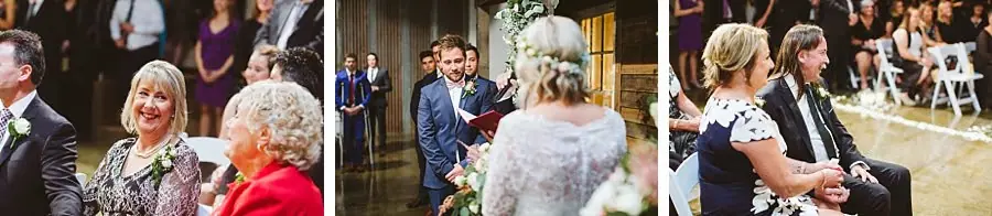 Three-photo collage of guests and the couple during the ceremony.