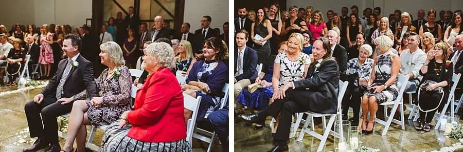 Two photographs of wedding guests seated in rows of white chairs.