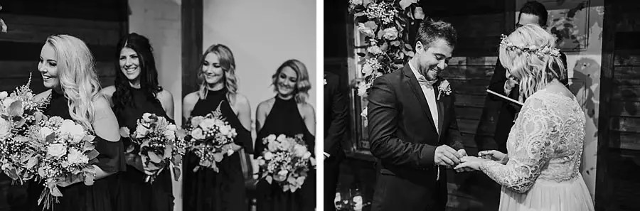 Two black-and-white photographs of women with bouquets and the couple exchanging rings.