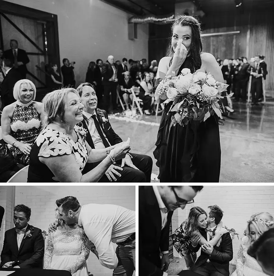 Three black-and-white photographs of guests reacting and greeting the bride.