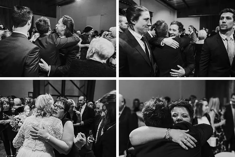 Four black-and-white photographs of wedding guests exchanging hugs.