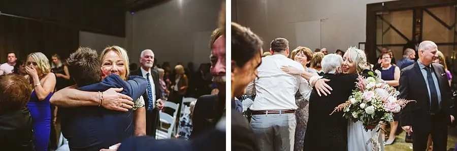 Two photographs of guests embracing after the ceremony.