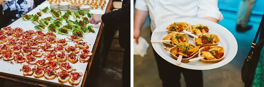 Two photographs of trays of small reception appetizers.
