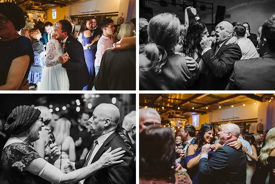 Four-photo collage of guests dancing and embracing at the reception.