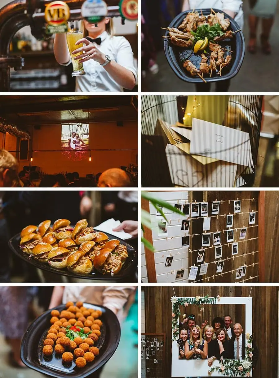 Eight-photo collage of a poured drink, reception food, envelopes, printed photographs and guests.