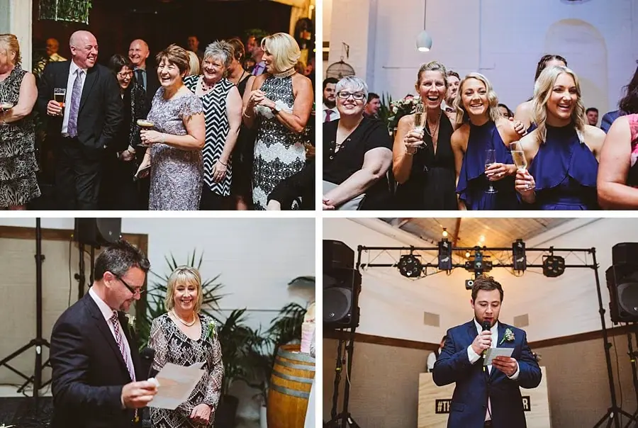 Four-photo collage of guests and speakers during reception speeches.
