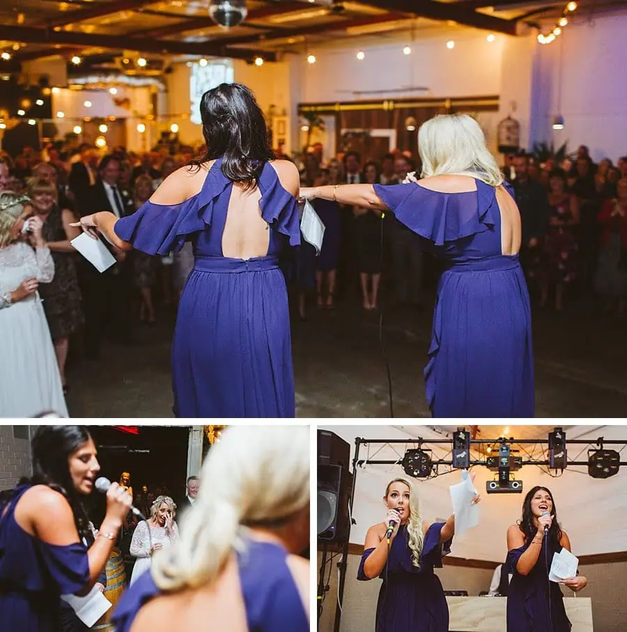 Three-photo collage of women in purple dresses speaking and laughing at microphones.