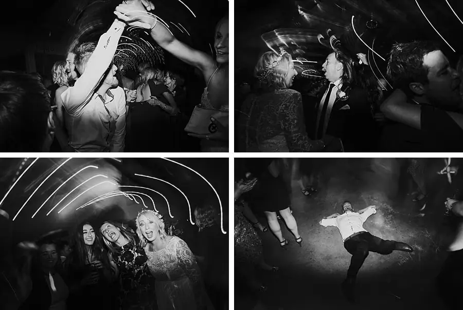 Four black-and-white photographs of guests dancing beneath streaks of light.