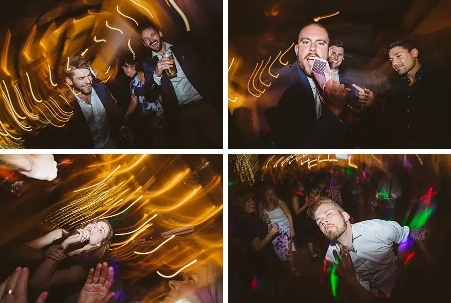 Four-photo collage of men dancing beneath motion-blurred reception lights.