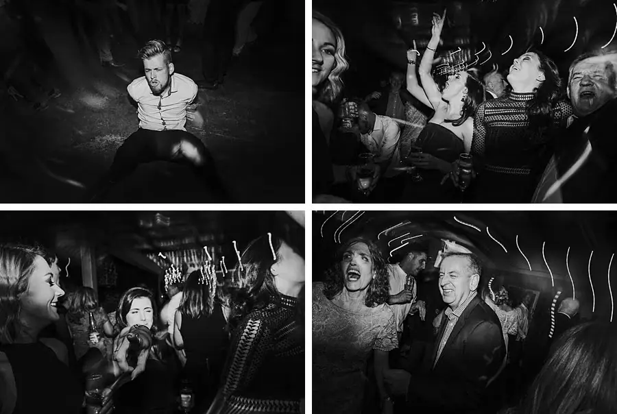 Four black-and-white photographs of guests dancing and raising their arms.