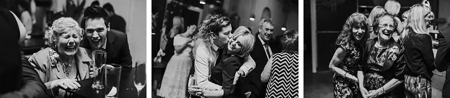 Three black-and-white photographs of guests smiling and embracing.