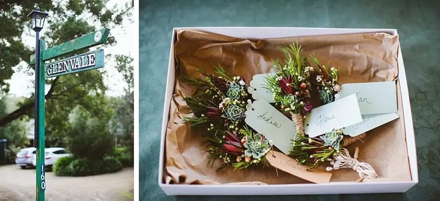 Two photographs of street signs and floral buttonholes arranged in a box.