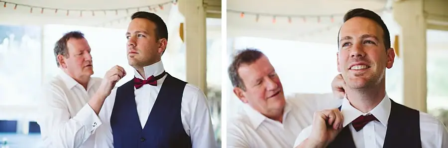 Two photographs of a man helping the groom adjust his collar and bow tie.