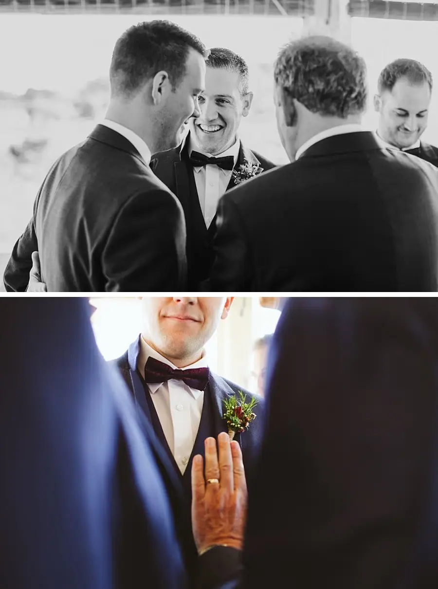 Two photographs of suited men chatting and a floral buttonhole pinned to a waistcoat.