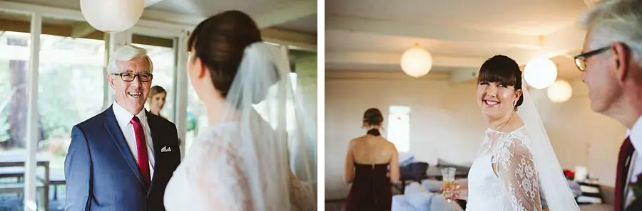 Two photographs of the bride greeting an older suited man indoors.