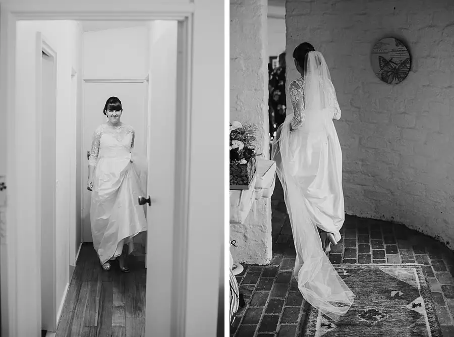 Two black-and-white photographs of the bride walking through doorways in her wedding dress.