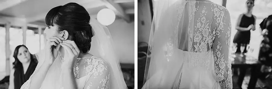 Two black-and-white photographs of the bride putting on an earring and the back of her lace dress.