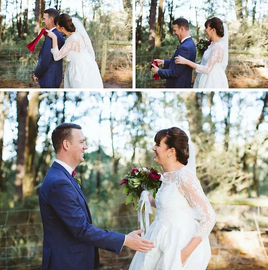 Three photographs of the bride approaching and greeting the groom on a wooded path.