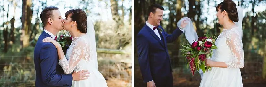 Two photographs of the couple kissing and the groom lifting the bride's veil.
