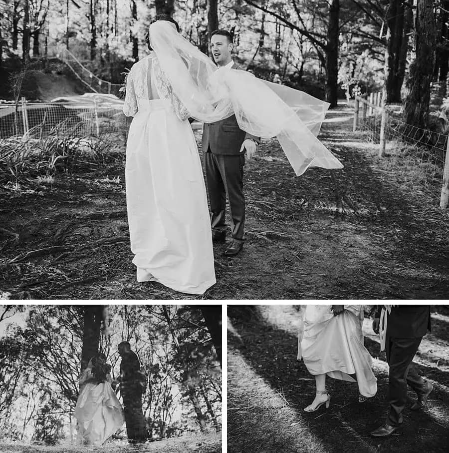 Three black-and-white photographs of the couple among trees, including their reflection and feet.