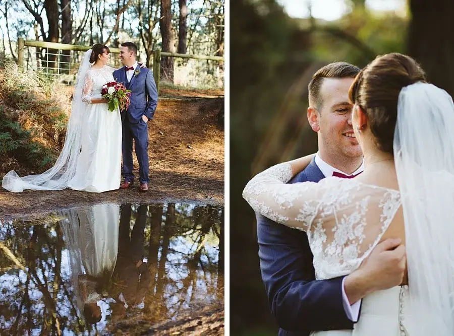 Two photographs of the couple embracing beside a puddle and smiling together.
