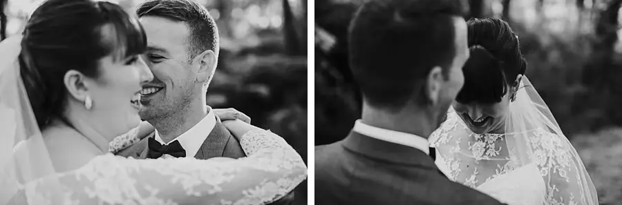 Two black-and-white close-ups of the couple embracing and smiling.