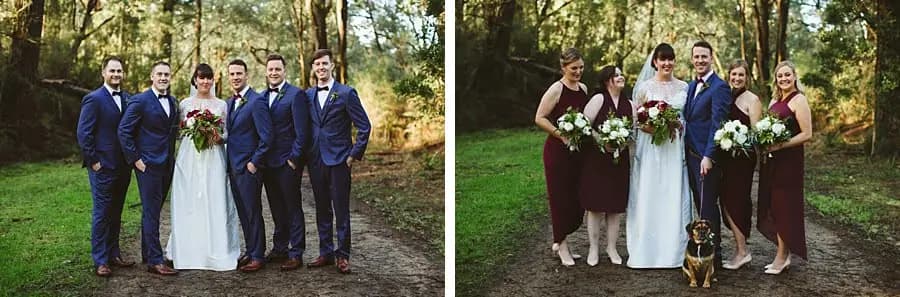 Two photographs of the couple posing with groups from the wedding party among trees.