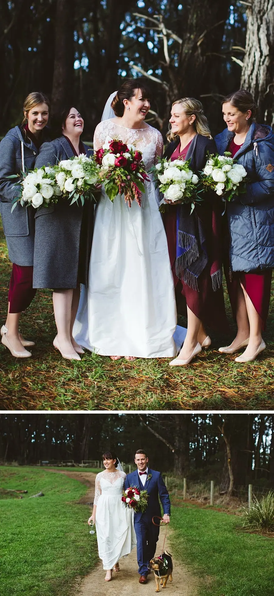 Two photographs of the bride with women holding bouquets and the couple walking with a dog.