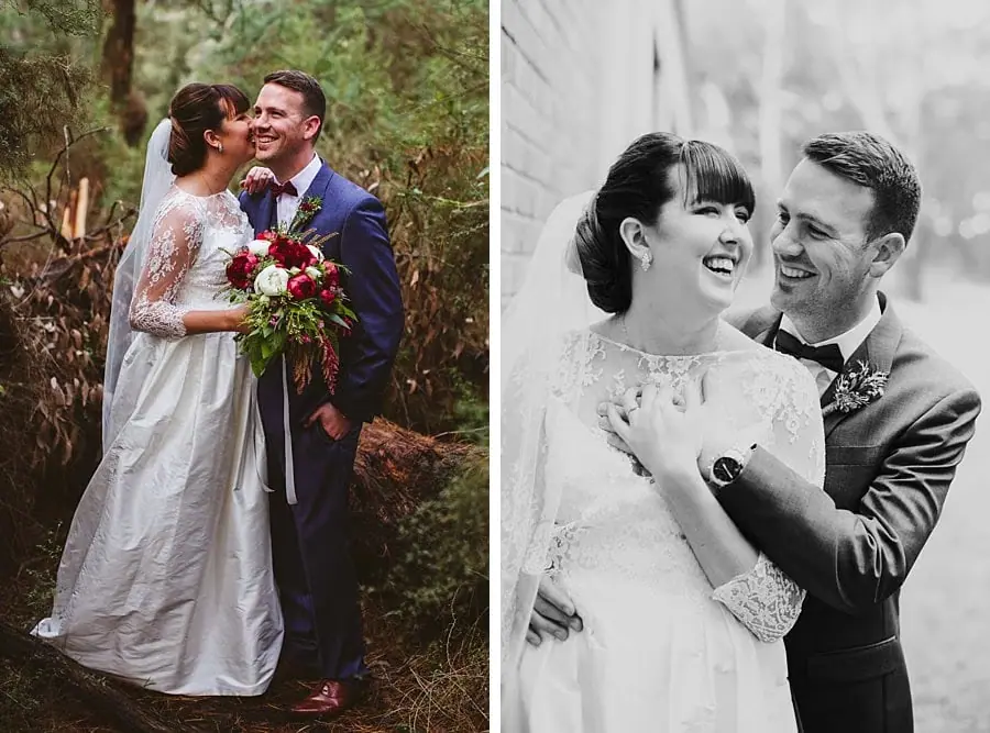 Two portraits of the smiling couple embracing among trees.