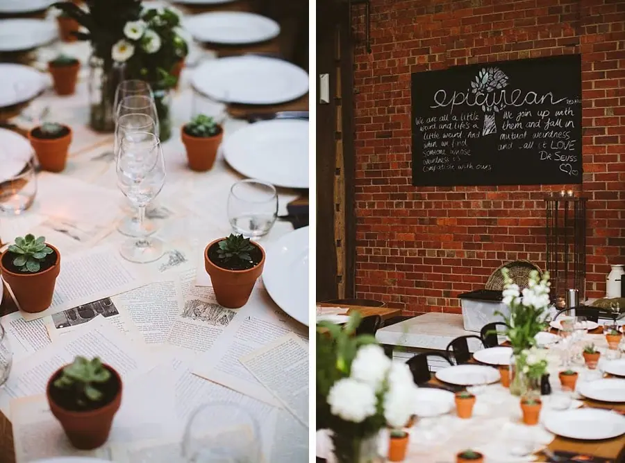Two photographs of reception table decorations and a chalkboard mounted on a brick wall.