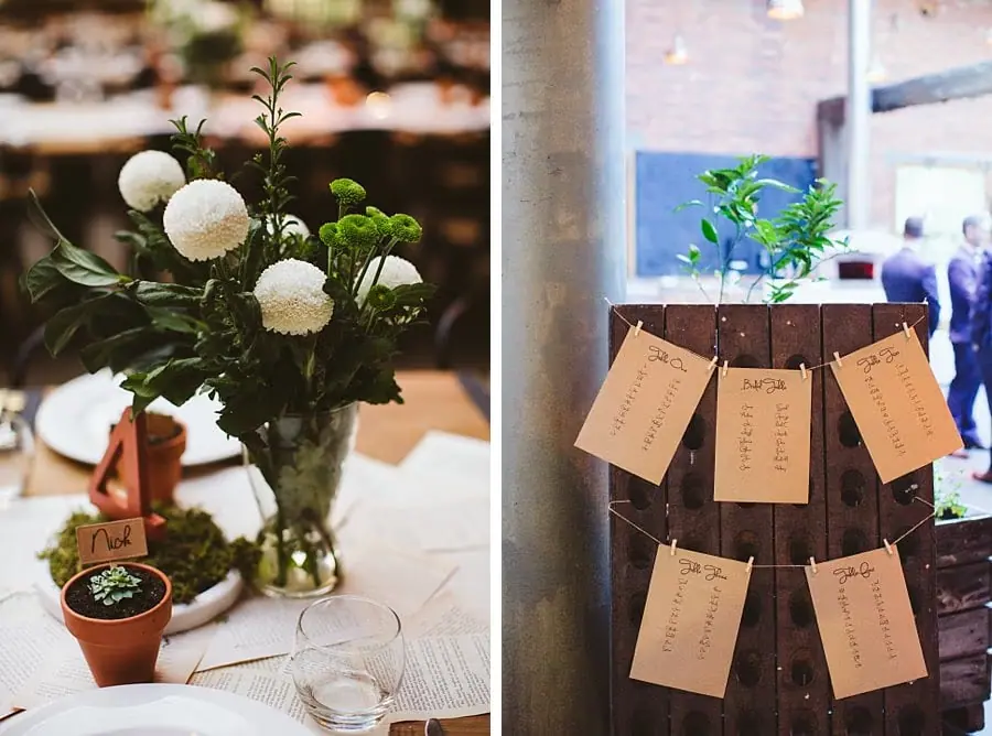 Two photographs of reception flowers and hanging paper cards on a wooden display.