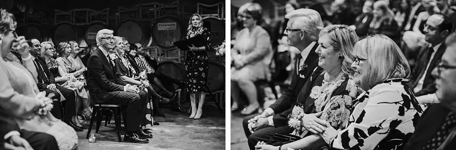 Two black-and-white photographs of seated guests watching the indoor wedding ceremony.