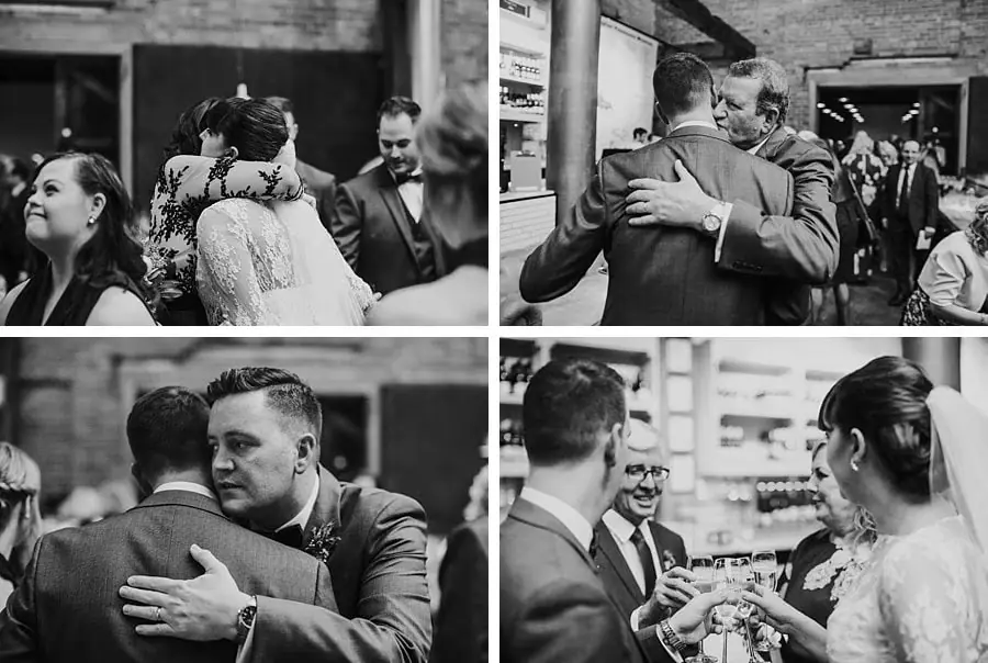 Four black-and-white photographs of the couple embracing and chatting with guests.