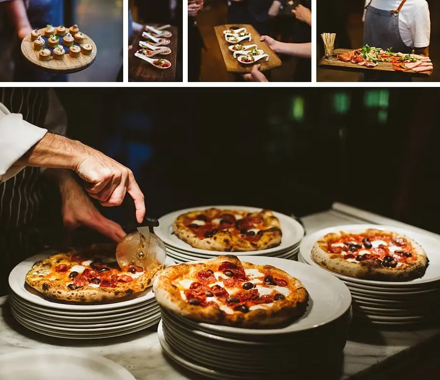 Five photographs of reception canapés and freshly served pizzas.