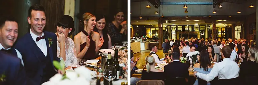 Two photographs of the smiling wedding party and guests at reception tables.