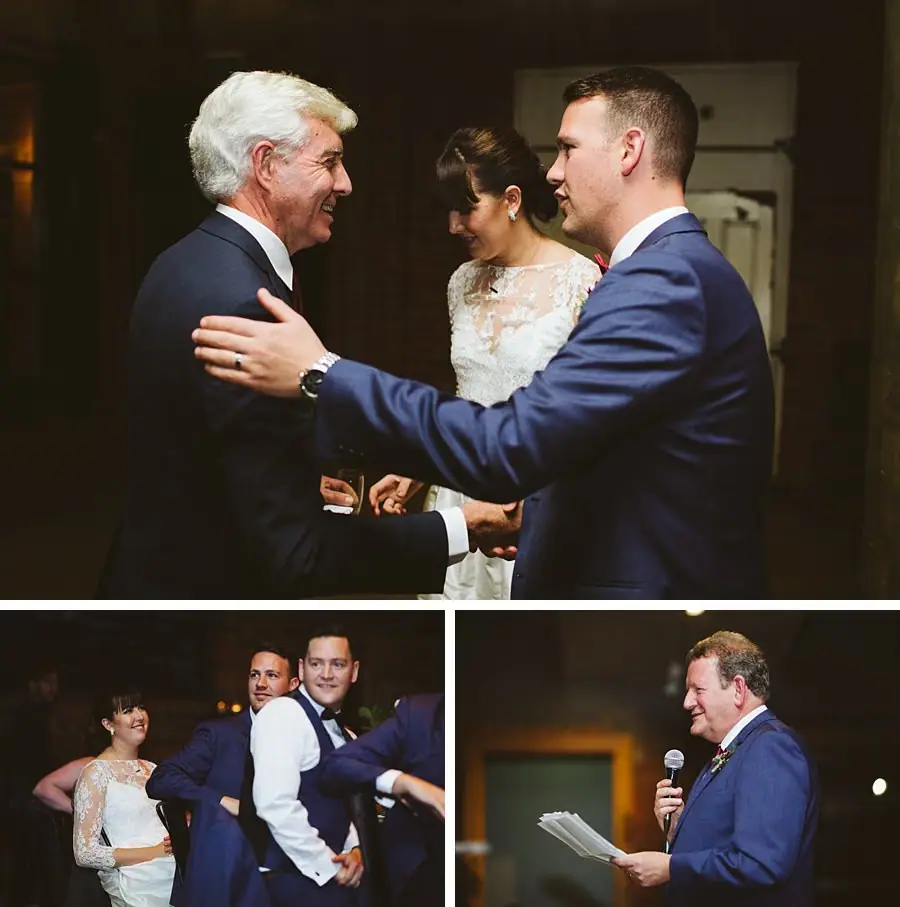 Three photographs of guests greeting the couple and a man giving a speech.