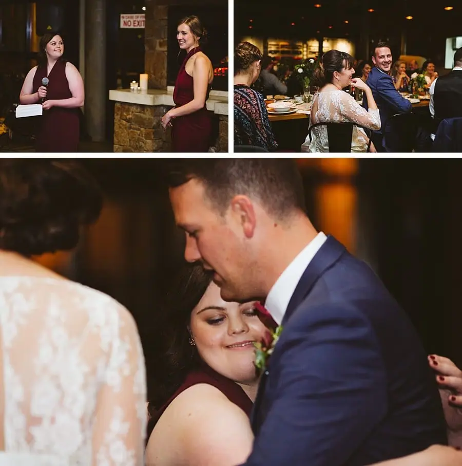Three photographs of women giving a reception speech, the seated couple laughing and the groom embracing a guest.